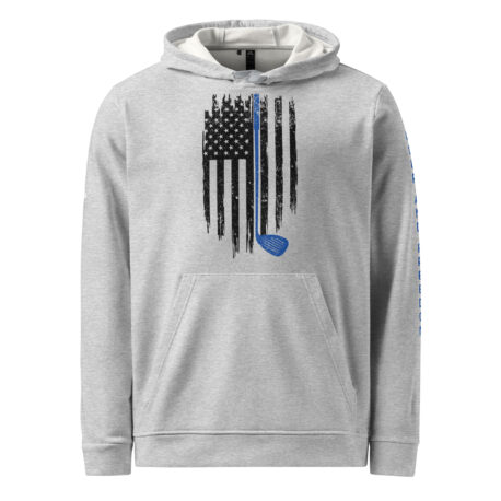 A gray hoodie with an american flag and blue stripe.