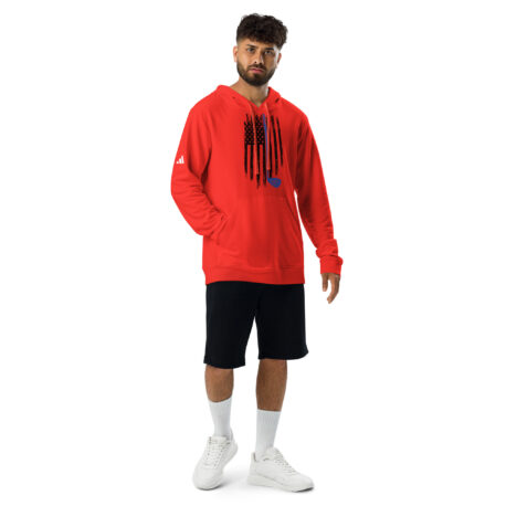 A man in red hoodie and black shorts.