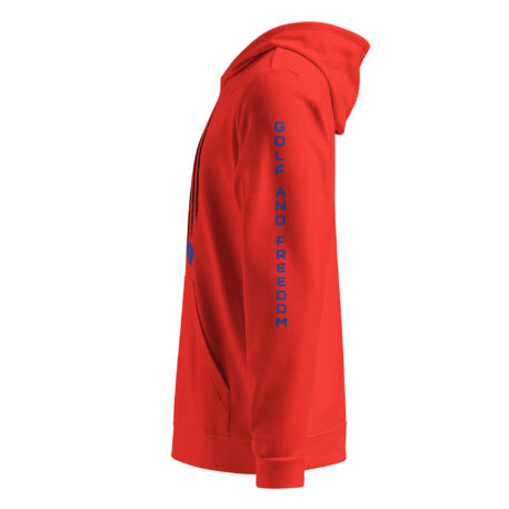 A red hoodie with blue writing on it.