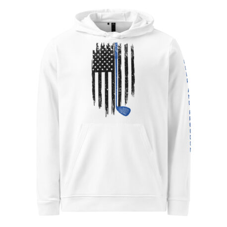 A white hoodie with an american flag and blue police stripe.