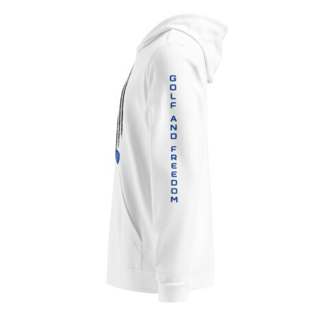 A white hoodie with blue lettering on the side.